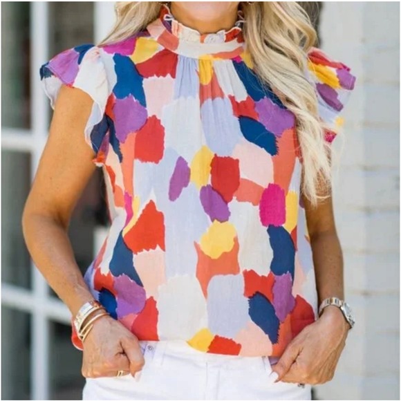 THML Tops - THML Women Top Medium Watercolor Abstract Mabli Art‎ to Wear Cap Sleeve Cotton